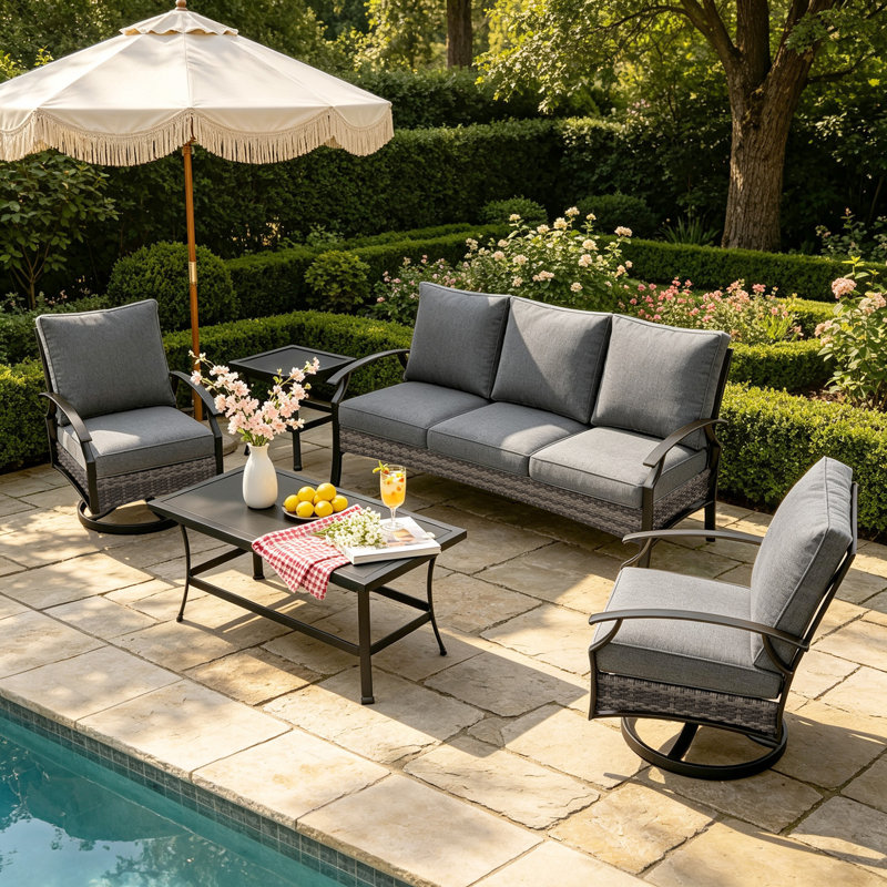 Ensemble de patio extérieur en métal pour 5 personnes avec deux tables et décoration en osier Charron, Gris