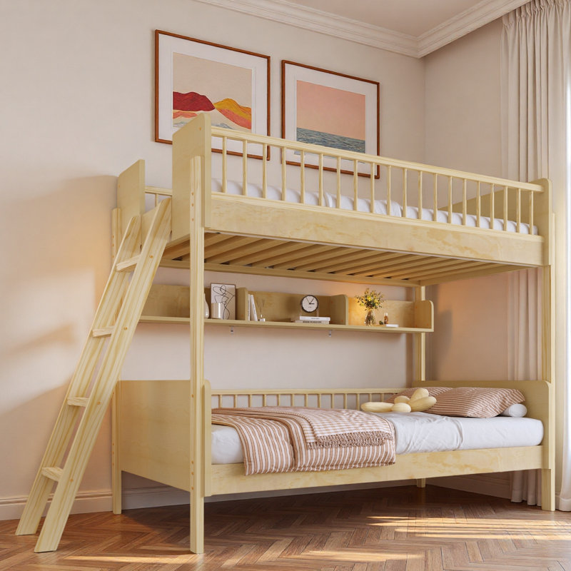 Lit superposé en bois avec 3 tablettes de rangement et échelle interchangeable, Naturel
