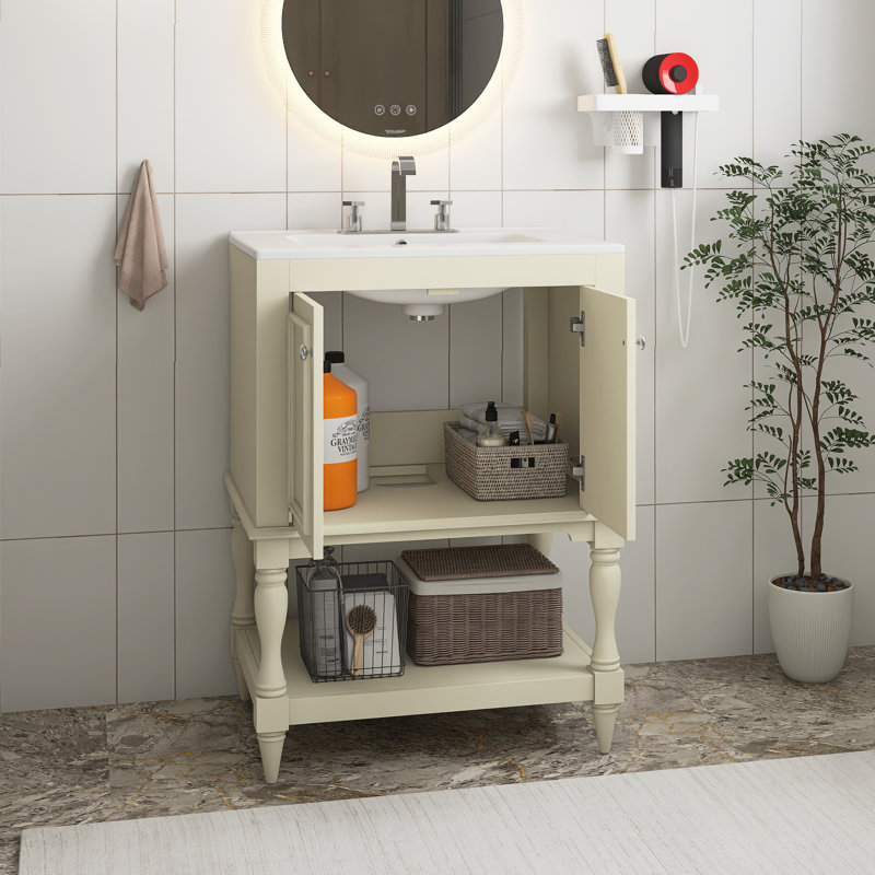 Meuble-lavabo de luxe moderne 24 po avec lavabo en céramique, meuble de salle de bain avec tablette ouverte et rangement fermé