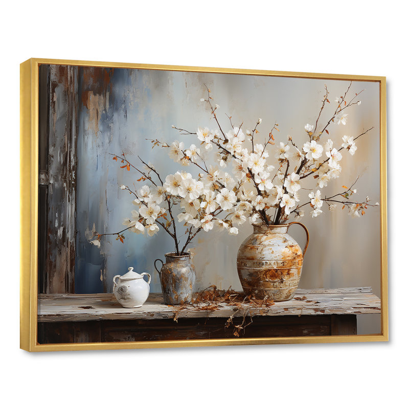 Art mural, poterie et fleurs, H 24 po x l 32 po x P 1 po, Cadre flottant doré