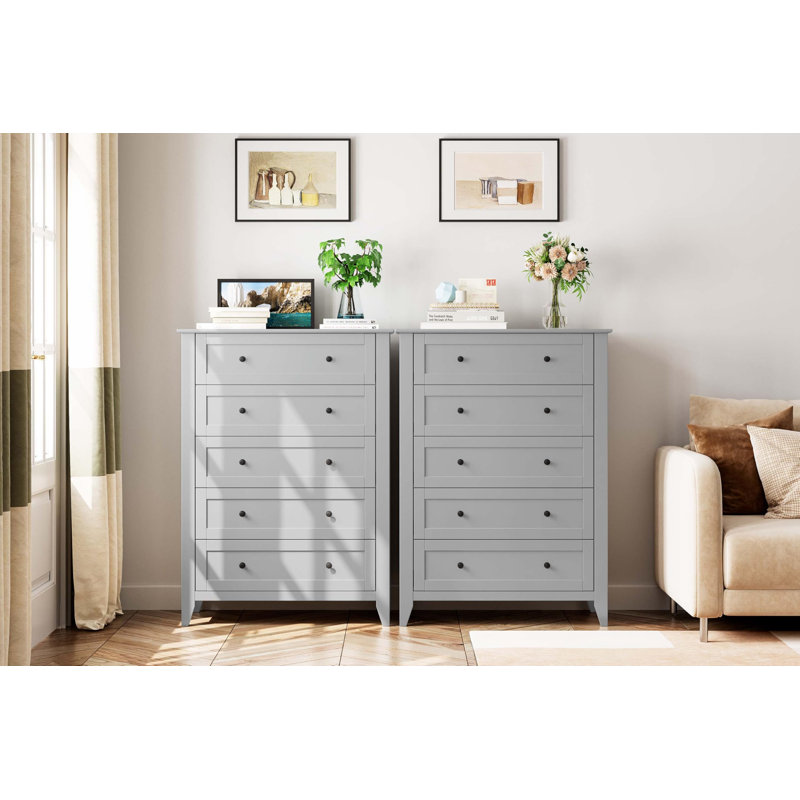 Commode haute 5 tiroirs avec tiroirs profonds et boutons en métal, commode en bois moderne, Gris