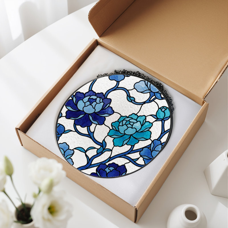 7.8"H Blue Floral Stained Glass Window Panel, 7.8" H x 7.8" W