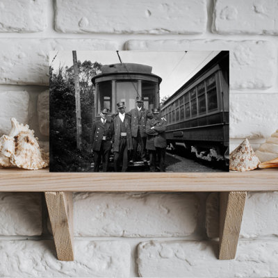 1910S 1920S 4 Men Conductors Motormen Public Transportation Transit Workers Posing In Front Of Trolley Car In Uniforms And Hats Classic Retro Vinta...