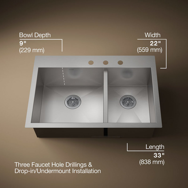 Vault™ 33" L x 22" W Dual Mount Kitchen Sink, 3 holes