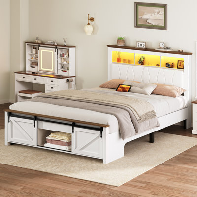 Farmhouse Full Size Bed Frame with Storage and Sliding Barn Door, Upholstered Headboard with Charging Station and LED Light