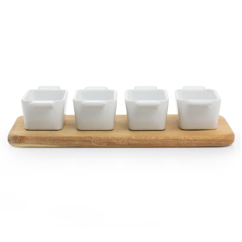 Ensemble de 5 assiettes en céramique fine avec base en bois d'acacia Gibson Elite