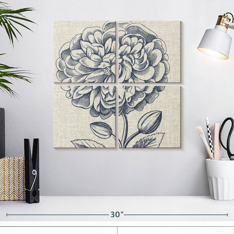 Harnek indigo floral sur lin III, H 18 po x l 18 po