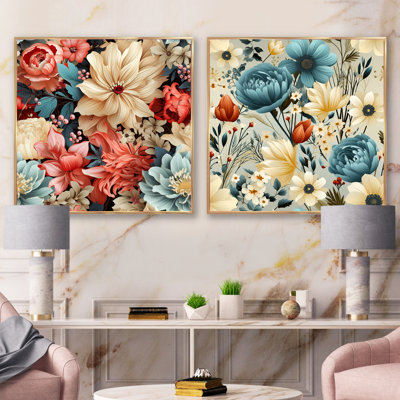 Rose, blanc et bleu Boho Floral Harmony - Ensemble de 2 collages floraux carrés