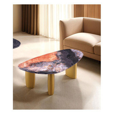 Table basse contemporaine en pierre frittée avec base en acier inoxydable noir, gris ou or mat