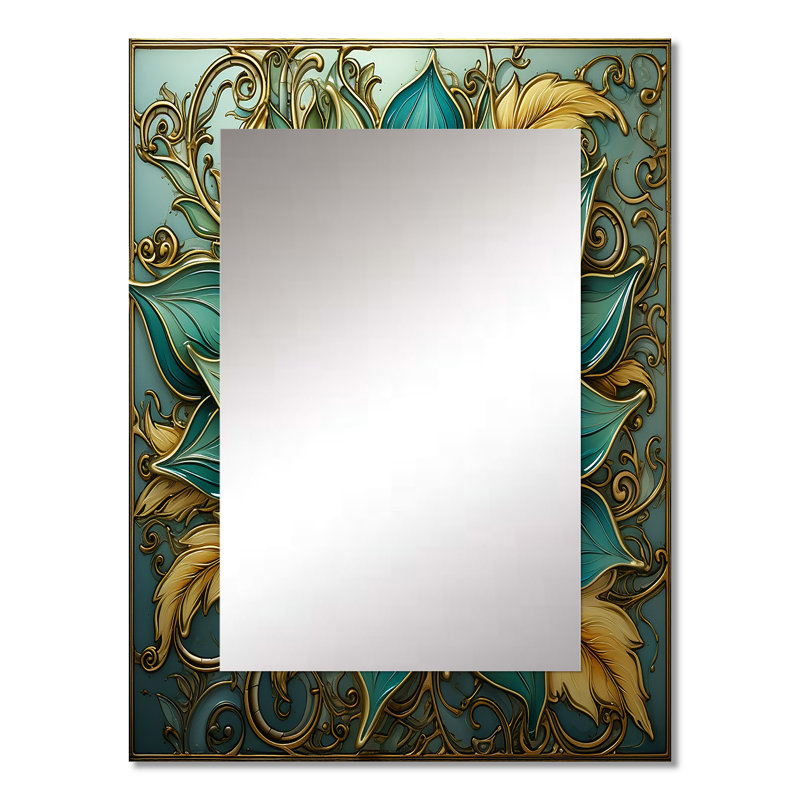 Ancien mandala de fleurs magiques rétro bleu sarcelle - miroir mural boho mandala, miroir décoratif traditionnel, impression d'art en métal