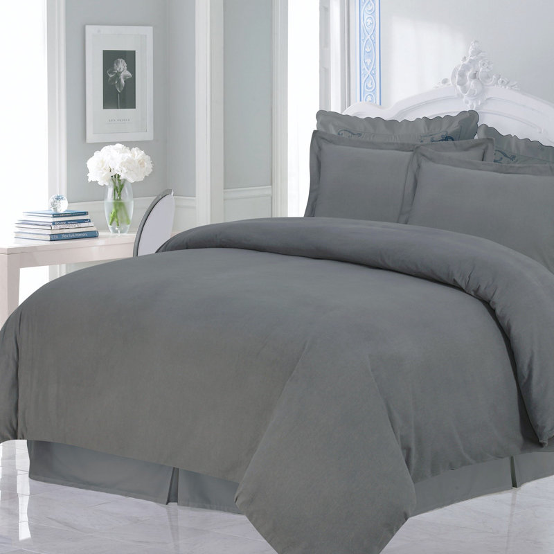 Traditional Cotton Flannel Duvet Cover, King Duvet Cover + 2 Standard Shams, Grey