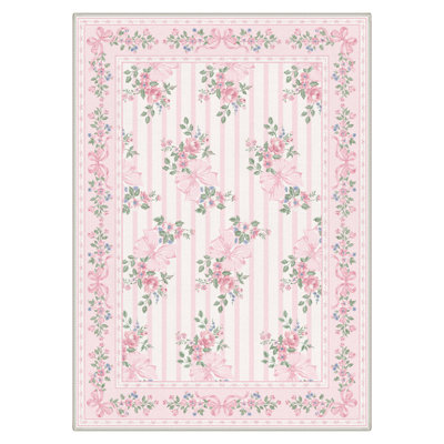 Bloomere Floral Machine Washable Blush Bow Indoor Area Rug With Non-Slip Backing