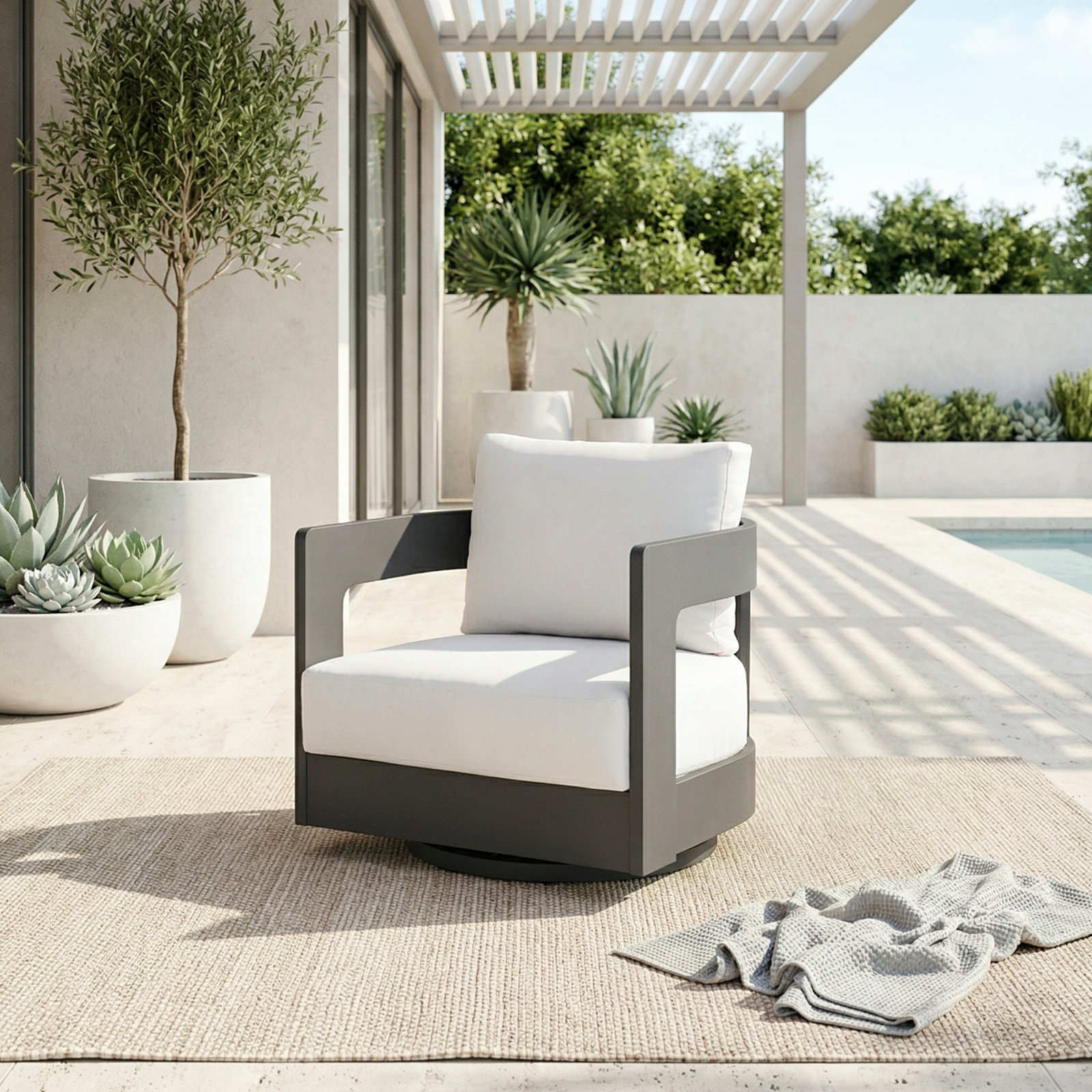 Frances Sunbrella® Swivel Patio Lounge Chair, White Cushion/Black Frame