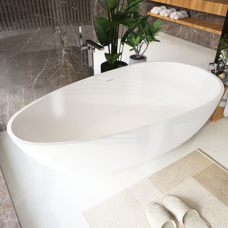 Spa-Like Freestanding Solid Surface Bathtub - 66.9" Deep Soaking Tub with Overflow