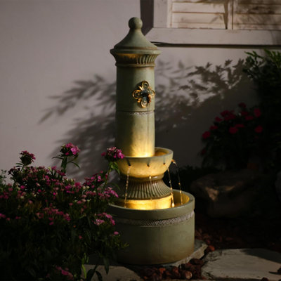 Outdoor Wall Fountain with LED Lights, 42.91” H Freestanding Garden Water Fountain, Large Floor Standing Patio Waterfall Feature, European Resin Flat Back Yard Courtyard Porch Déco