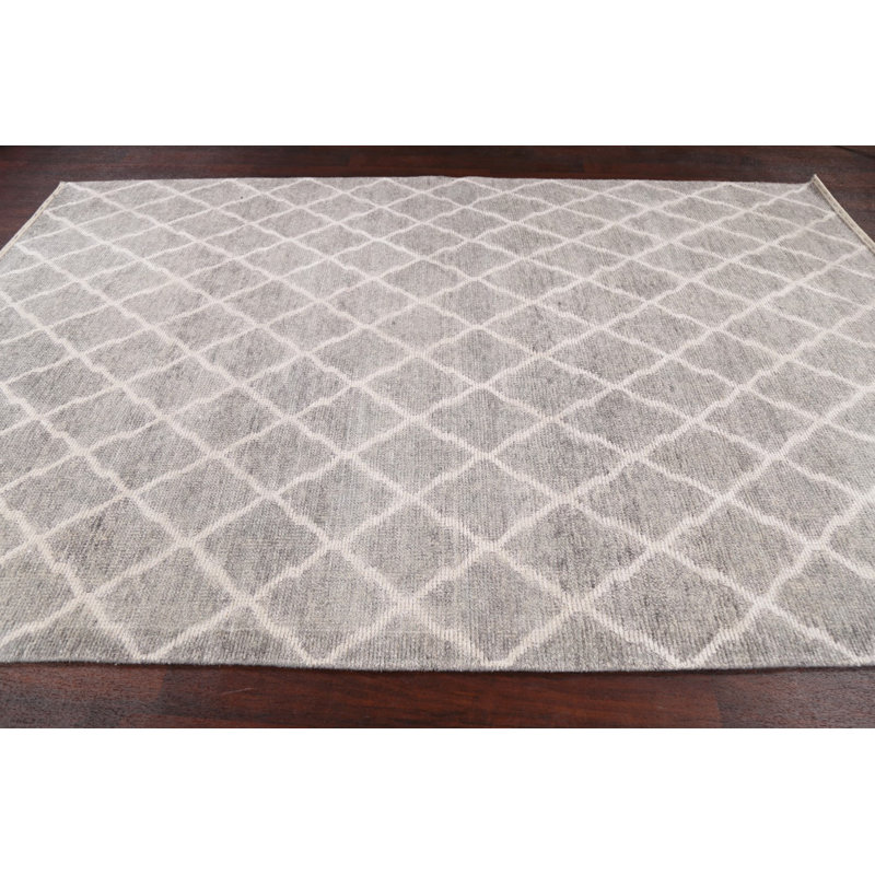 Tapis gris noué à la main de conception unique 6 pi 8 po x 10 pi New Age