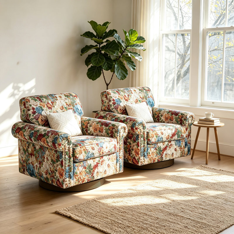 Fauteuil pivotant rembourré avec accoudoirs roulés et garniture cloutée, Fleurs orange