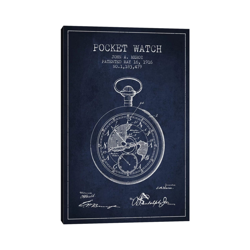 John A. Meroz Pocket Watch Pattern Sketch (Navy Blue) by Aged Pixel - Wrapped Canvas Print, 20.32 cm H x 30.48 cm W