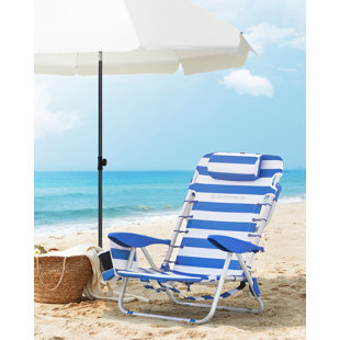 Chaise de plage, chaise de camping pliante, chaise d'extérieur portable, capacité de 331 lb, transportable comme sac à dos, avec dossier réglable, appui-tête, accoudoir, 2 poches latérales, bleu et blanc UGSB62BU