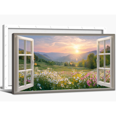  Open Window Spring Canvas Wall Art, Vibrant Nature Art Prints Landscape Wall Decor, Colorful Floral Meadow Scenery Artwork Pictures, Horizontal Nature Print for Living Room Bedroom, 16x32 inches