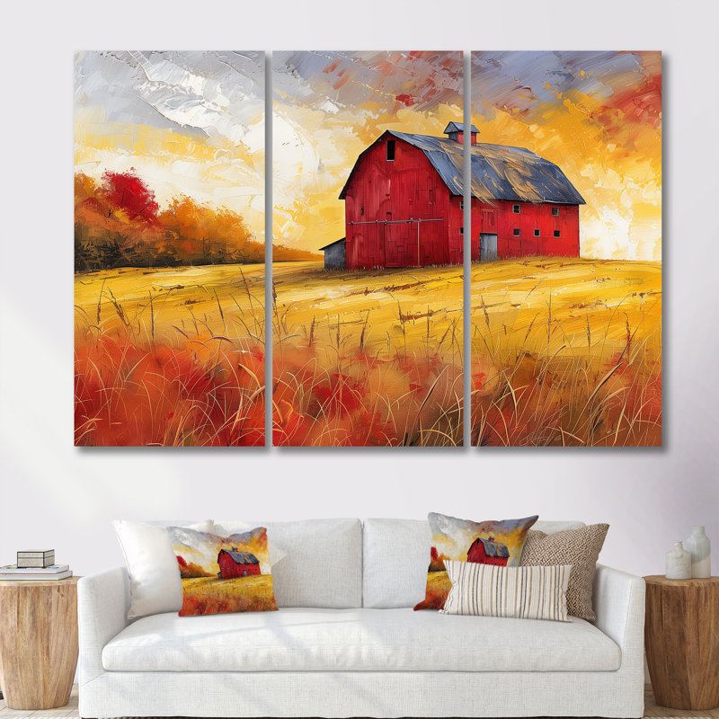 Automne rouge grange brise III - ensemble d'art mural de grange, H 28 po x l 36 po, Toile tendue
