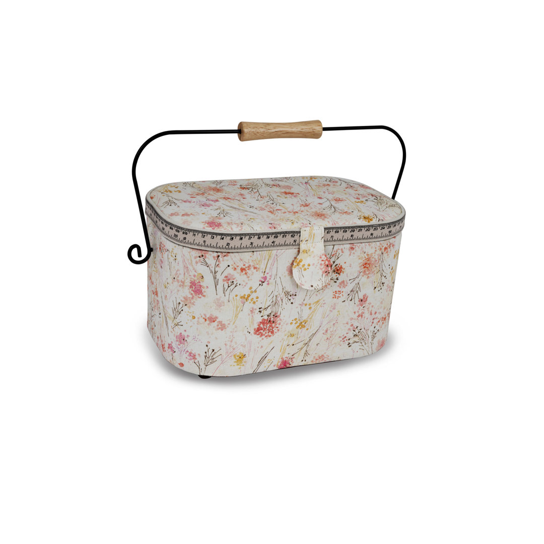 Dritz Large Oval Sewing Basket with Metal Handle, Vintage Floral Watercolor Print Dritz