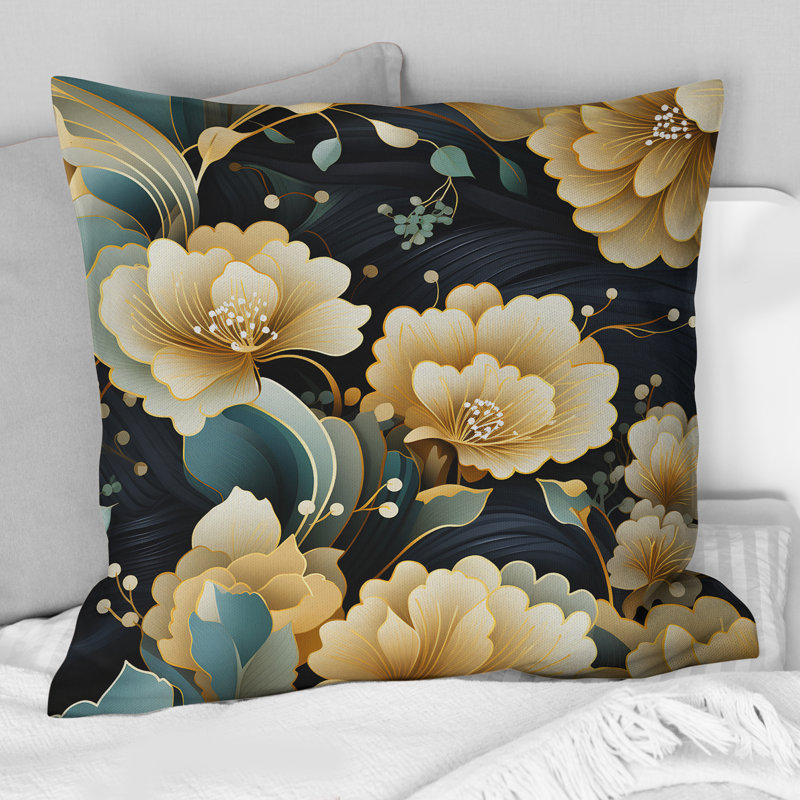 Coussin décoratif en polyester bleu et beige Pailey Flowers Elegance I, H 18 po x l 18 po