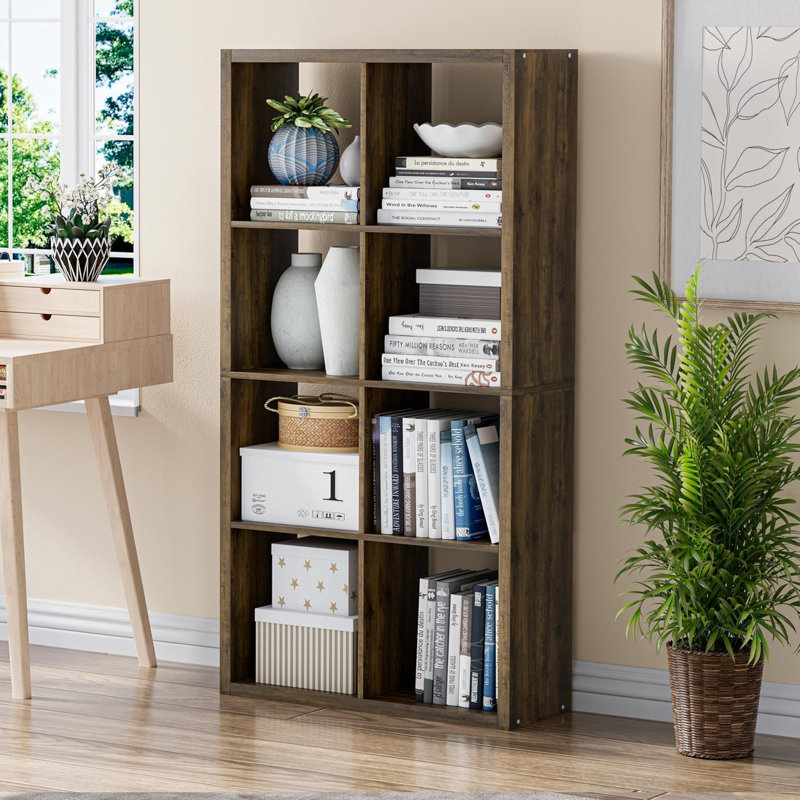 8-Compartment Double-Row Bookcases, Open Back Wooden Storage Bookcase, Thickened Sturdy Display Rack for Living Room Bedroom Home Office, Easy to Assemble