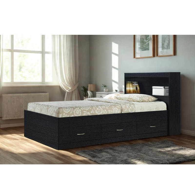 Twin-Size Storage Platform Bed with Bookcase Headboard and 3-Drawers for Clothing, , Black