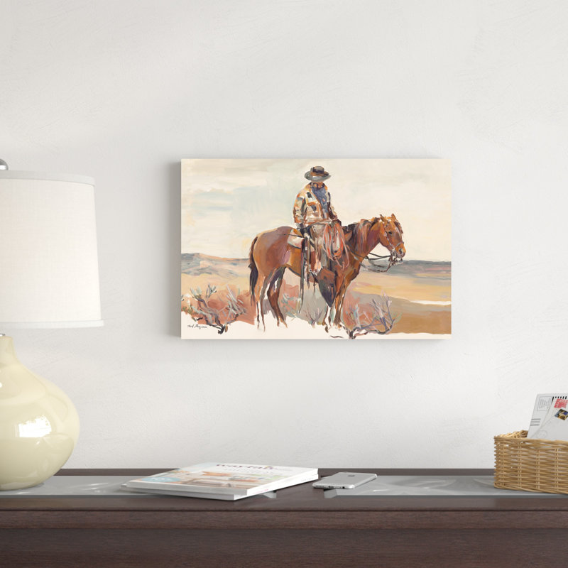 "Western Rider Warm" par Marilyn Hageman, reproduction d'art mixte, H 12 po x l 18 po, Non, Cadre flottant blanc
