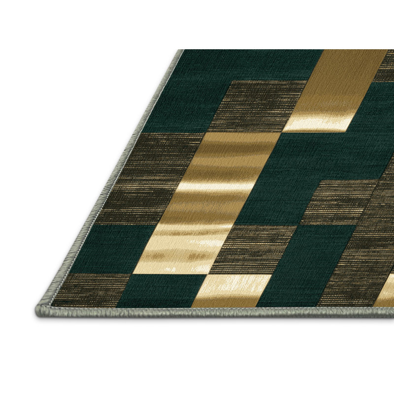 Machine Washable Checkered Green Area Rug, Round 6'