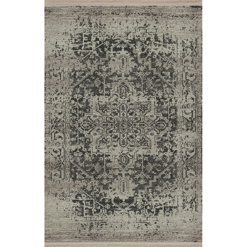 Tapis décoratif rétro à motifs traditionnels gris et beige, Rectangle 4 pi 11,06 po x 9 pi 10,11 po