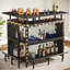 Unité de bar en forme de L 36 po x 48 po avec repose-pieds - Armoire de coin moderne avec tablettes à 2 niveaux et supports en verre, mini table de bar industrielle noire pour la maison, la cuisine ou le pub