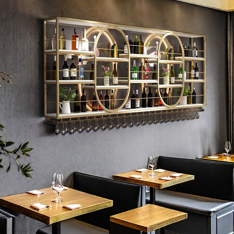 Support à vin léger mural rond de luxe, Doré, H 47,2 po x l 86,6 po x P 7,8 po