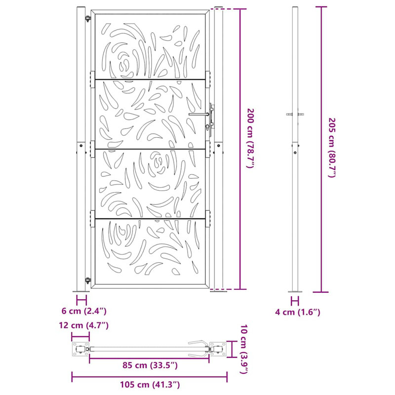  Garden Gate Steel Flame Design, Black, 105 x 205 cm
