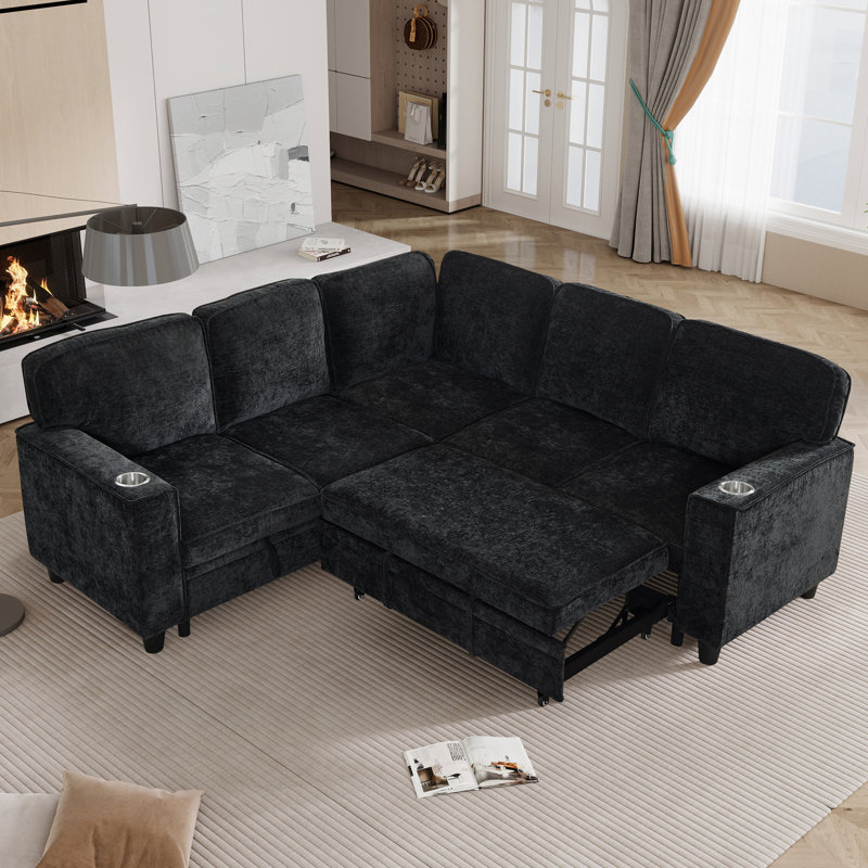 Cayson L-Shaped Chenille Sectional Sofa with Pull-Out Bed, Storage Seat & USB Charging, Charcoal Gray