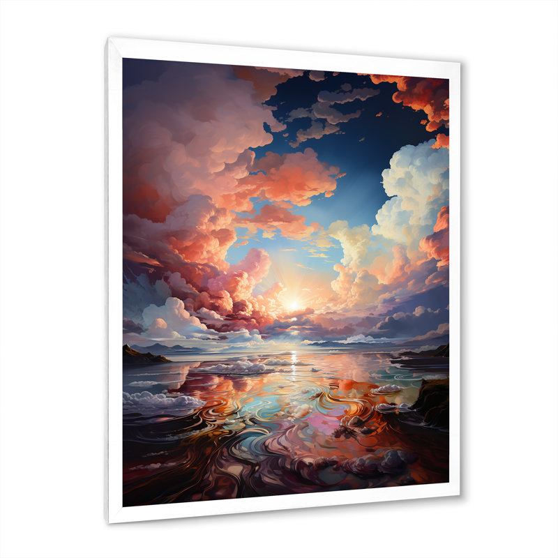 Nuage coucher de soleil encre liquide paysage V - décoration murale nuages, H 20 po x l 12 po x P 1 po, Cadre photo blanc