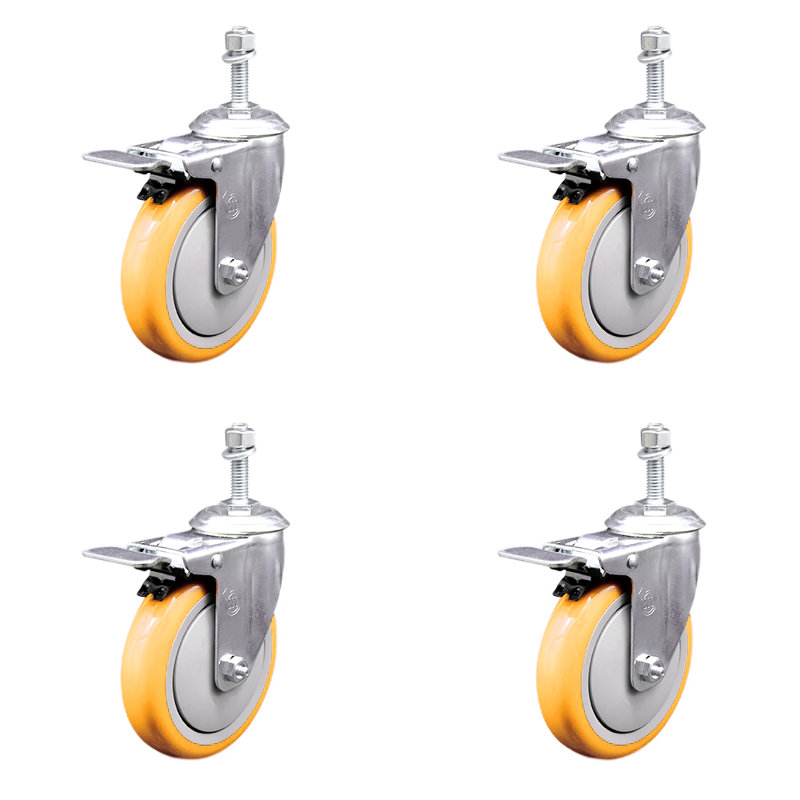 Ensemble de roulettes à tige pivotante en polyuréthane de 5 pouces de 3/8 pouce avec frein à verrouillage total, Jaune