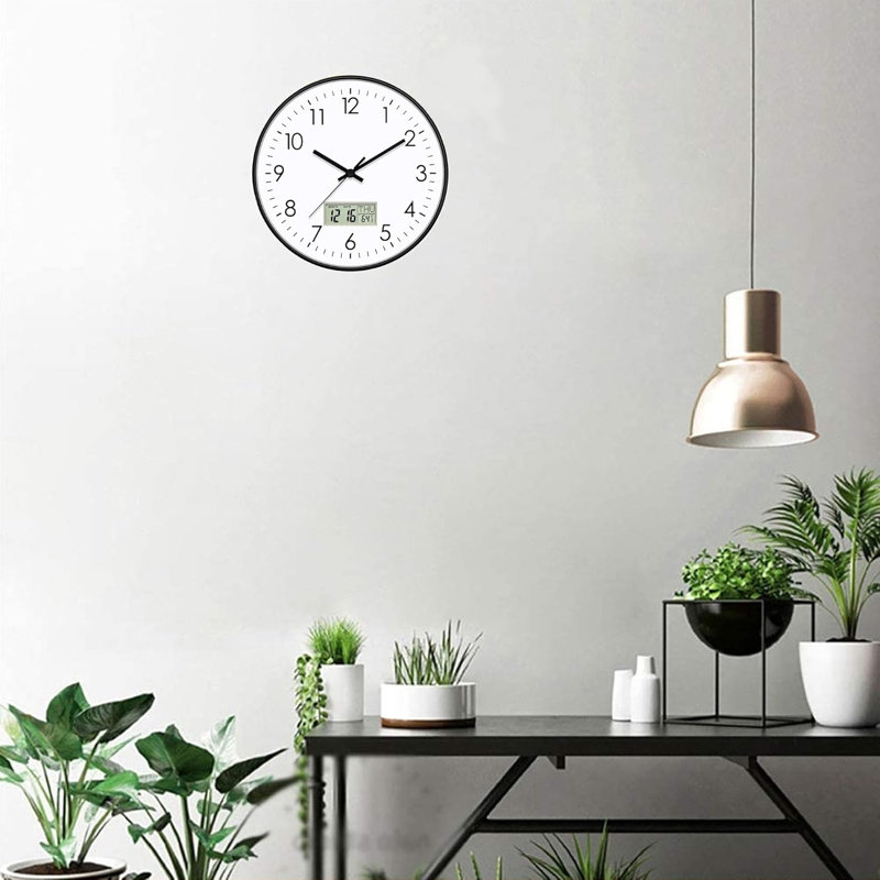 12 Inch Silent Wall Clock with Day, Date and Temperature (BLACK)