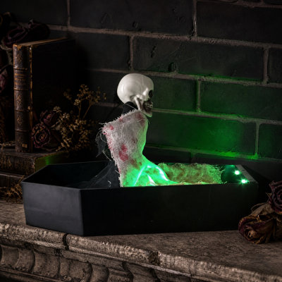 Halloween  Up Skeleton Coffin Decoration Animated Rising Skull Prop With Green LED Lights Creepy Light Up Skull In Black Coffin