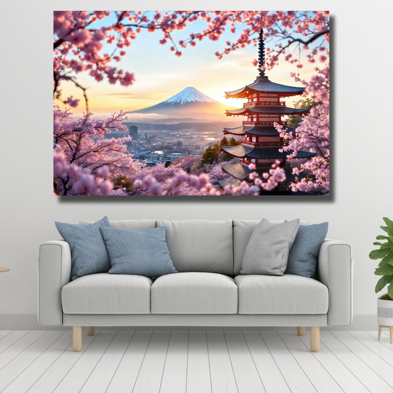 Art mural en verre trempé Cherry Blossom Mount Fuji, H 16 po x l 20 po