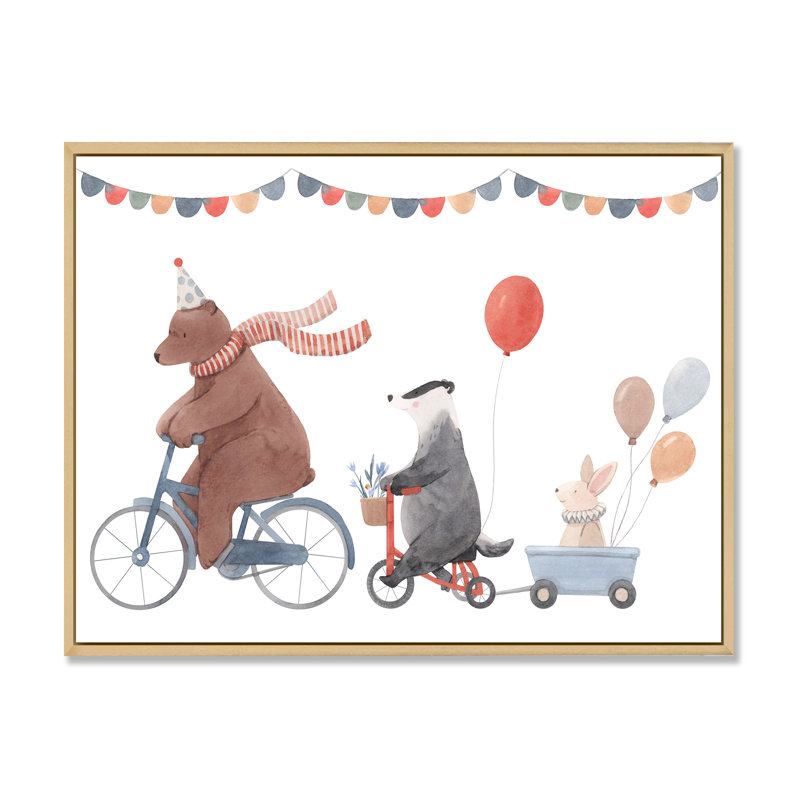 Animaux mignons à bicyclette, H 16 po x l 32 po x P 1 po, Cadre naturel flottant