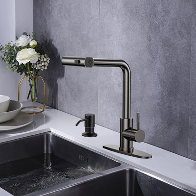 Pull-Down Sprayer Kitchen Faucet, Waterfall Kitchen Faucet, 3 Modes (Waterfall/Stream/Spray), With Soap Dispenser, Deck-Mounted Kitchen Faucet.