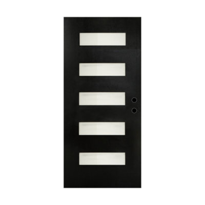 Porte d'entrée en fibre de verre noire 91,4 cm x 203,2 cm (36 po x 80 po), panneau de porte seulement, texture grain de bois brossé, vitrage dépoli à faible émissivité à 5 carreaux, cadre et moulure en vinyle de 11,6 cm (4-9/16 po), ensemble de porte démontable, ouverture vers l'intérieur à gauche
