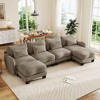 131.5" Oversized Chenille U-Shaped Sectional Sofa with 2 Ottomans & 4 Lumbar Pillows, Cloud Comfort 4-Seater Couch, Mushroom Taupe