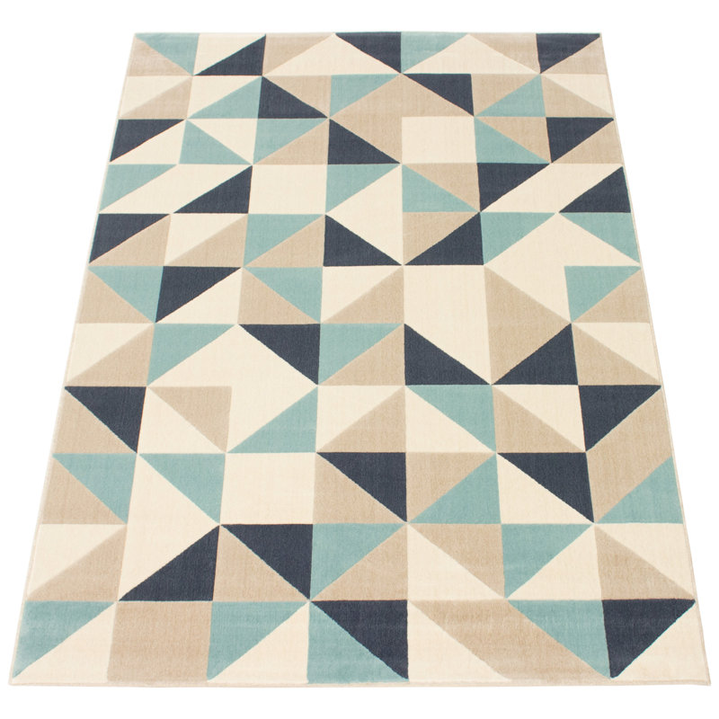 Ensemble de tapis à motif géométrique bleu marine / beige Praneeth, Rectangle 5 pi 3 po x 7 pi 7 po