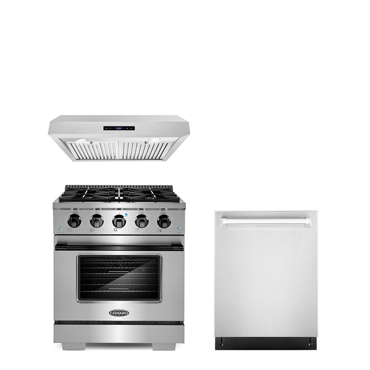 3 Piece Kitchen Package With 30" Freestanding Gas Range With Custom Handle And Knob Kit 30" Under Cabinet Range Hood 24" Built-in Fully Integrated Dishwasher