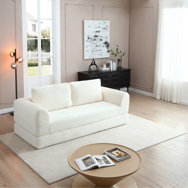 Canapé-lit pliant convertible 2-en-1, canapé-lit en velours côtelé moderne avec 2 * coussins, canapé-lit modulaire sans dossier avec lit escamotable Futon, canapé-lit modulaire pliable pour le salon beige