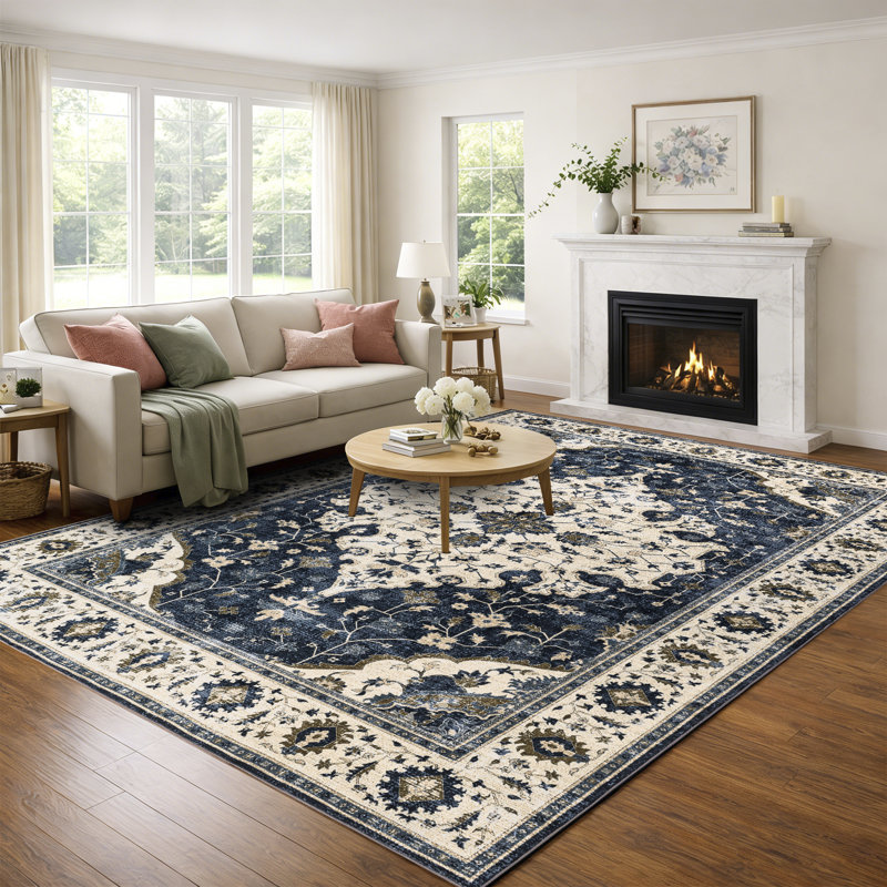 Machine Washable Vintage Oriental Area Rug Non-Slip Backing Navy Blue/Beige/Gold Indoor Carpet for Living Room, Bedroom, Hallway Runner