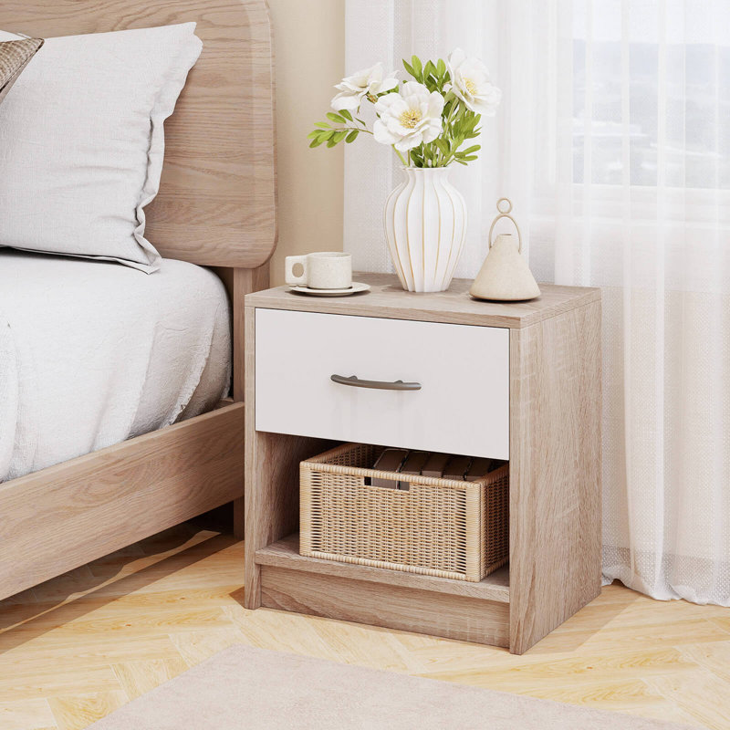 Modern Nightstand Bedside Table With Drawer Open Storage Shelf For Small Spaces, White/Natural